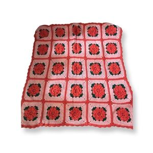 Vintage Rose Granny Square Crochet Blanket Afghan 65” long 65” wide Handknit